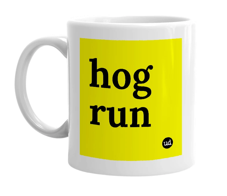 White mug with 'hog run' in bold black letters