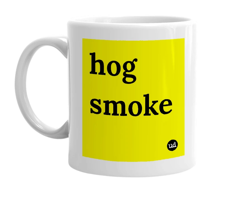 White mug with 'hog smoke' in bold black letters