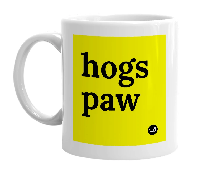 White mug with 'hogs paw' in bold black letters