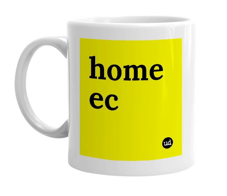 White mug with 'home ec' in bold black letters