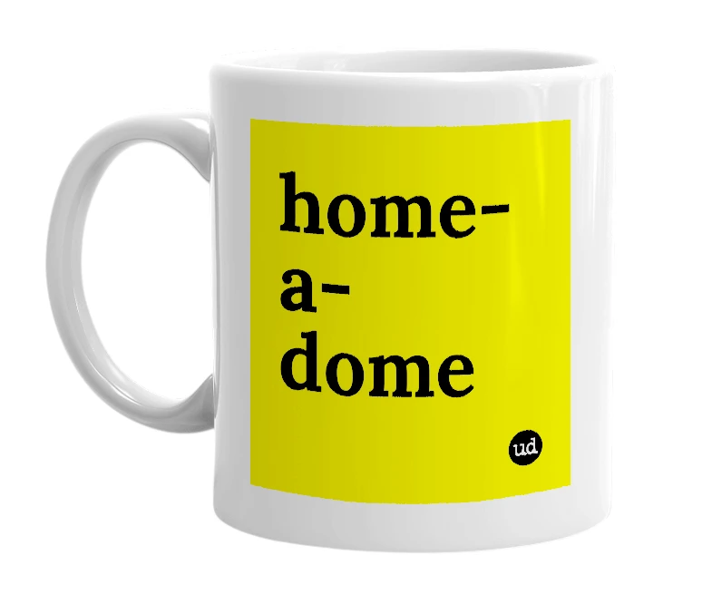 White mug with 'home-a-dome' in bold black letters