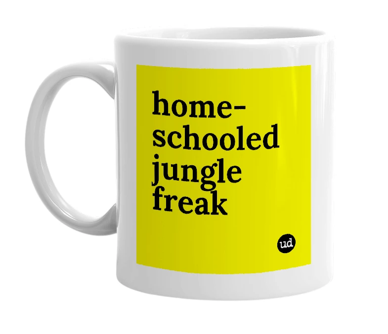 White mug with 'home-schooled jungle freak' in bold black letters