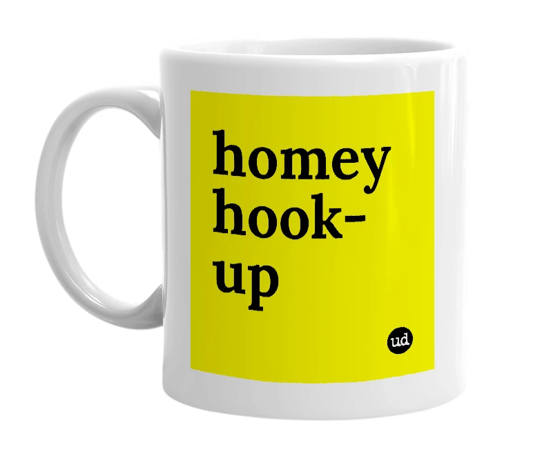 White mug with 'homey hook-up' in bold black letters