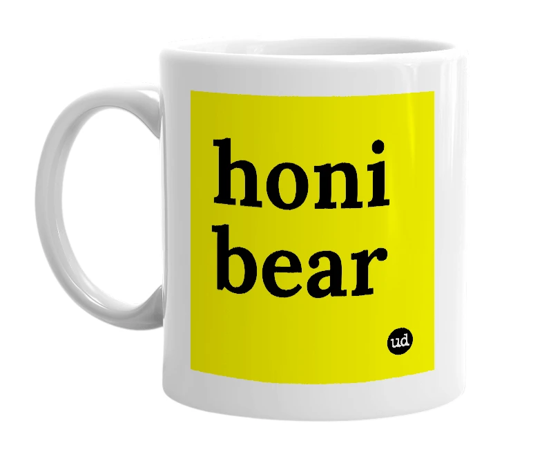 White mug with 'honi bear' in bold black letters