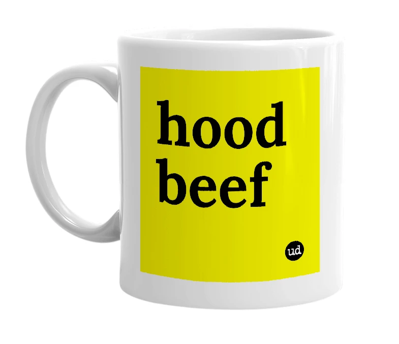 White mug with 'hood beef' in bold black letters