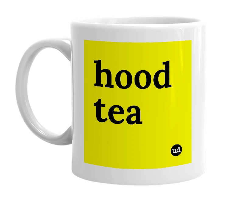 White mug with 'hood tea' in bold black letters