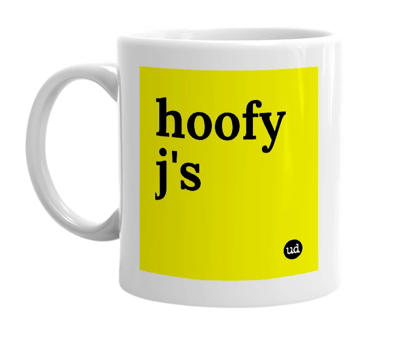 White mug with 'hoofy j's' in bold black letters