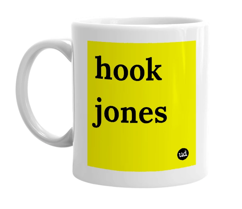 White mug with 'hook jones' in bold black letters