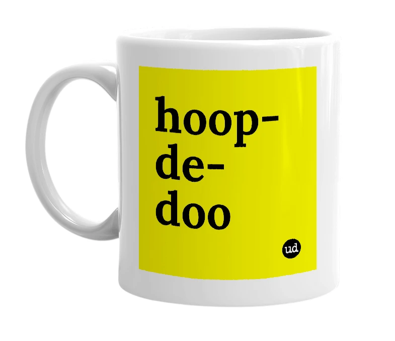 White mug with 'hoop-de-doo' in bold black letters