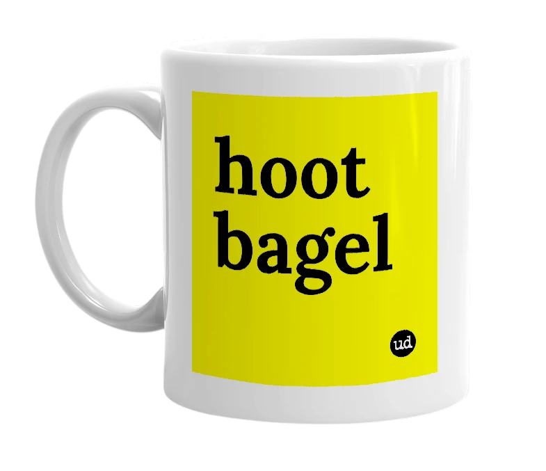 White mug with 'hoot bagel' in bold black letters