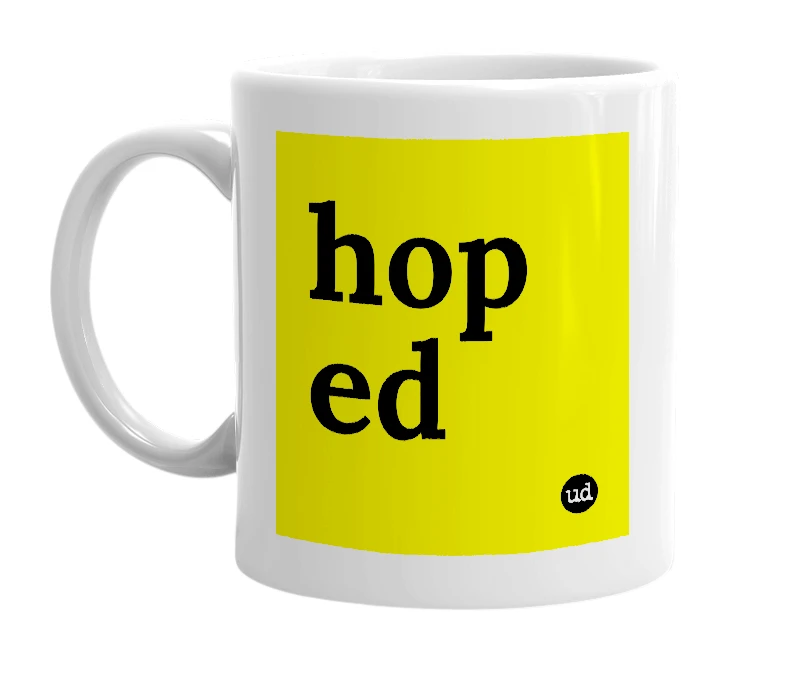 White mug with 'hop ed' in bold black letters