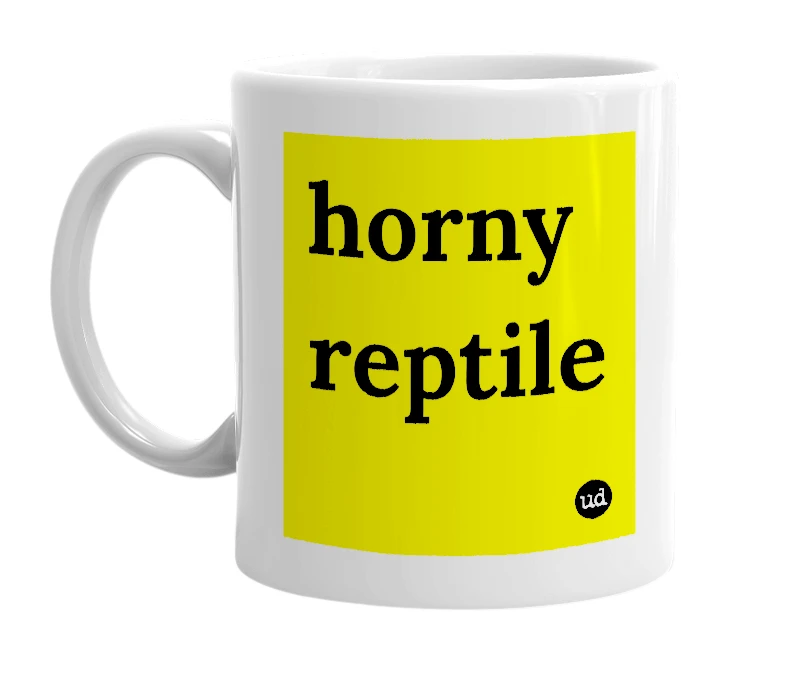 White mug with 'horny reptile' in bold black letters
