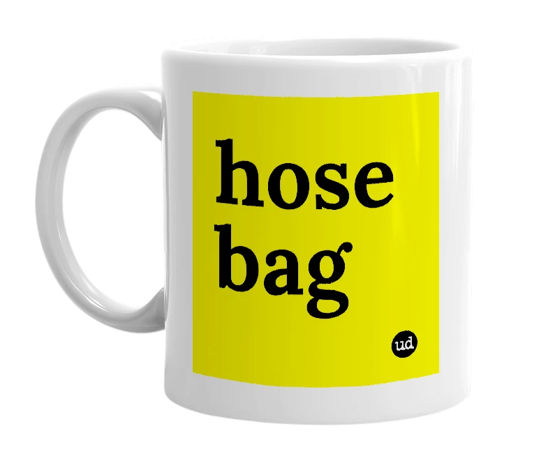 White mug with 'hose bag' in bold black letters