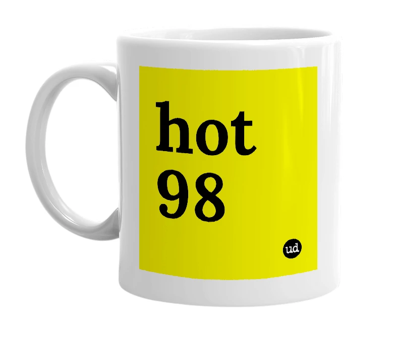 White mug with 'hot 98' in bold black letters