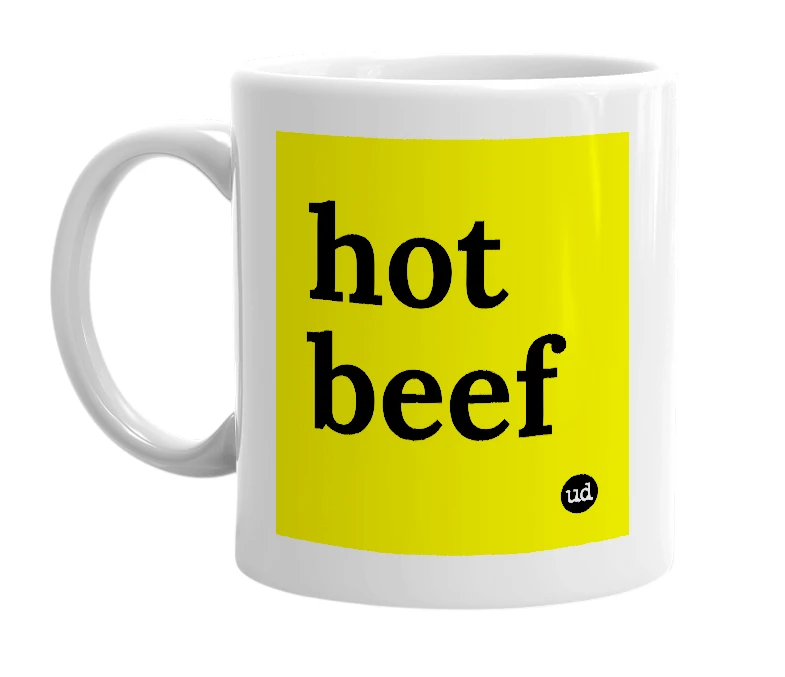 White mug with 'hot beef' in bold black letters