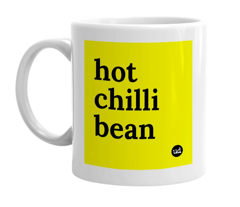 White mug with 'hot chilli bean' in bold black letters