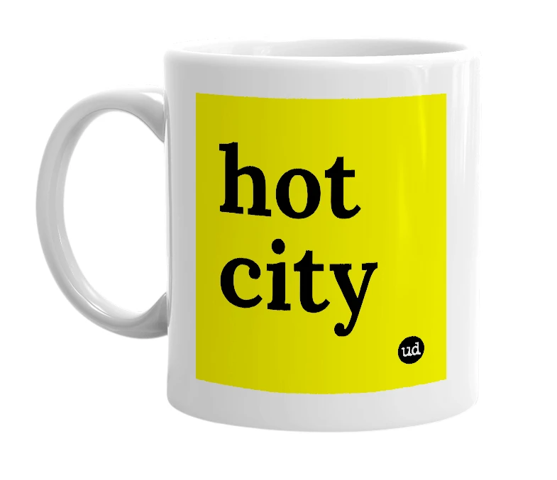 White mug with 'hot city' in bold black letters