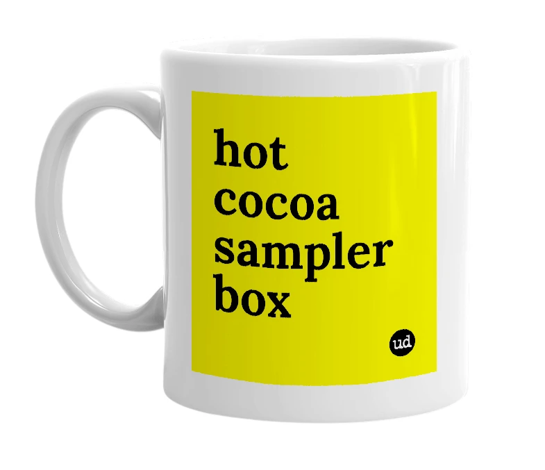 White mug with 'hot cocoa sampler box' in bold black letters