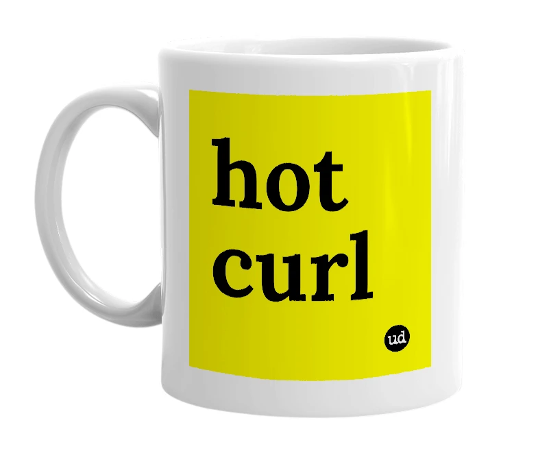 White mug with 'hot curl' in bold black letters