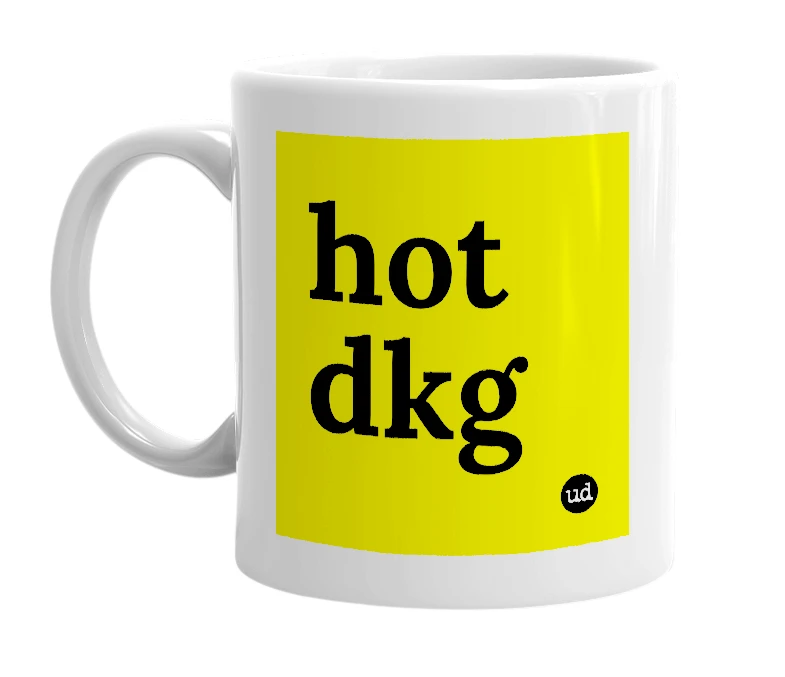 White mug with 'hot dkg' in bold black letters