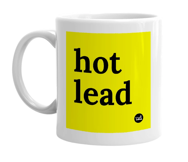 White mug with 'hot lead' in bold black letters