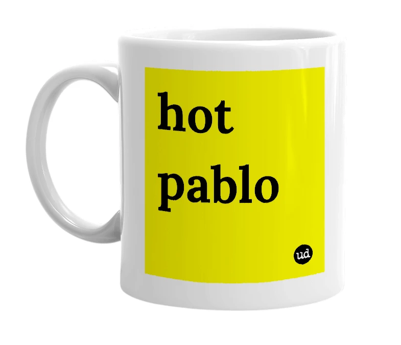 White mug with 'hot pablo' in bold black letters