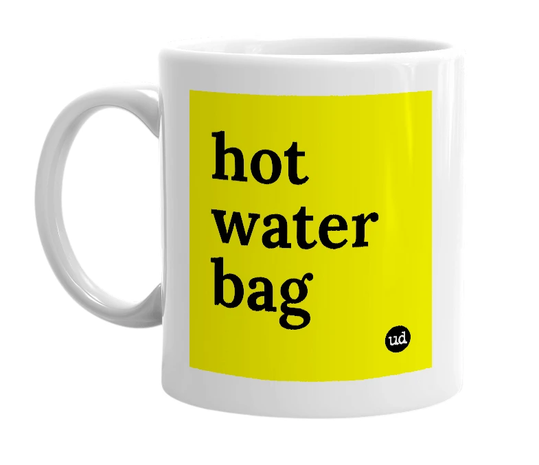 White mug with 'hot water bag' in bold black letters