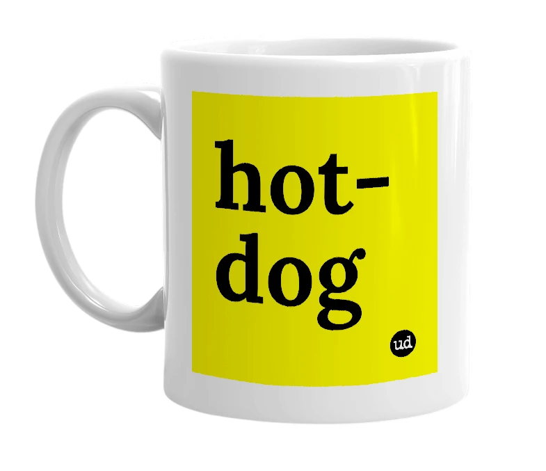 White mug with 'hot-dog' in bold black letters