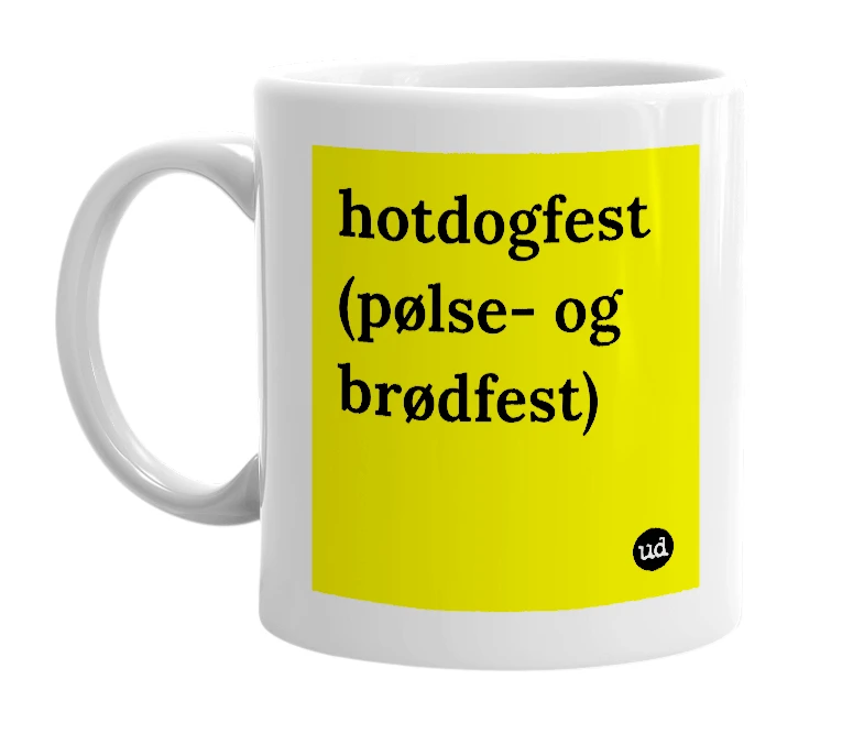 White mug with 'hotdogfest (pølse- og brødfest)' in bold black letters