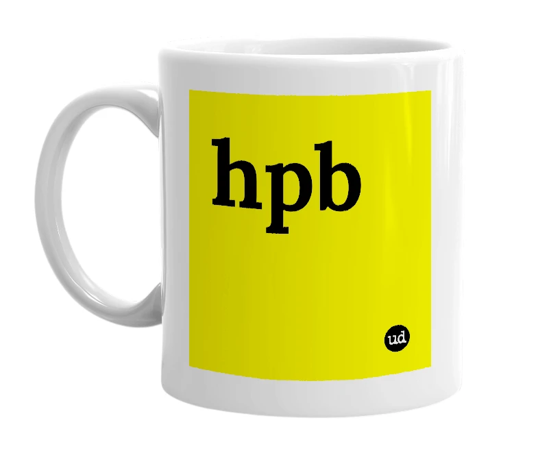 White mug with 'hpb' in bold black letters