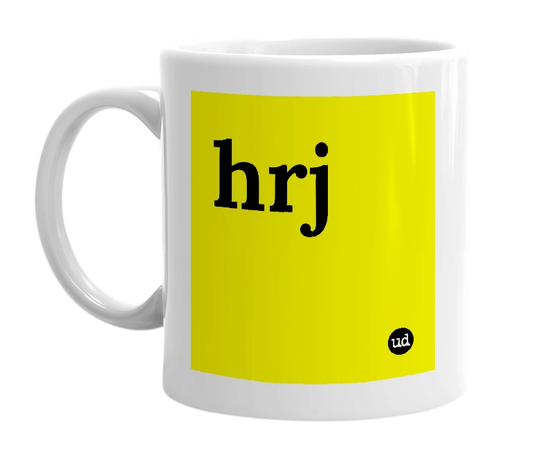 White mug with 'hrj' in bold black letters
