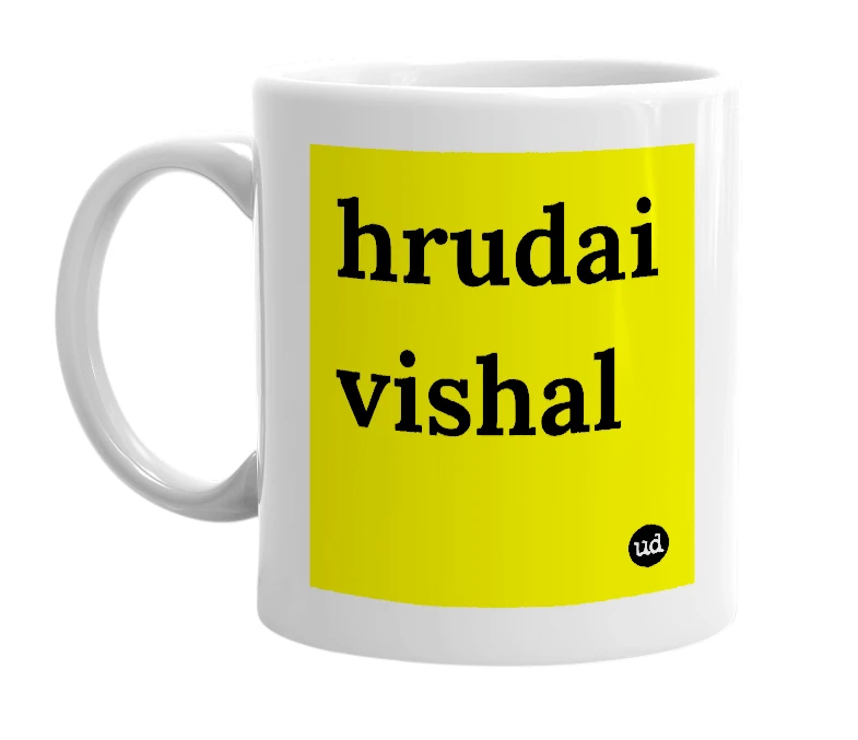 White mug with 'hrudai vishal' in bold black letters