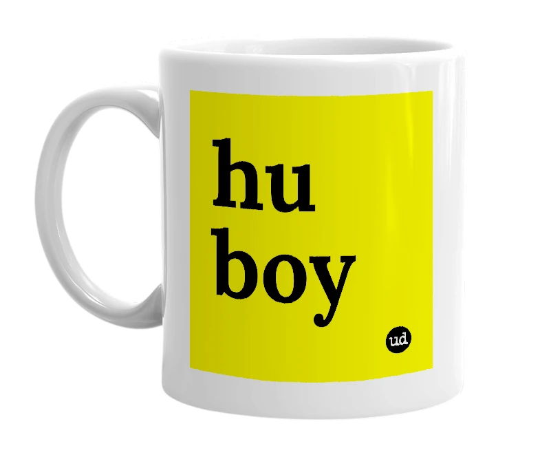 White mug with 'hu boy' in bold black letters