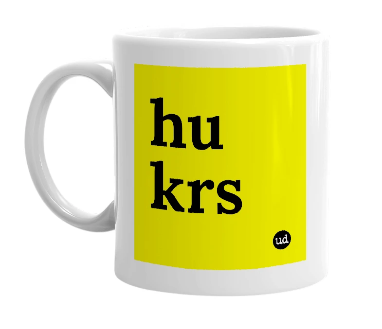 White mug with 'hu krs' in bold black letters