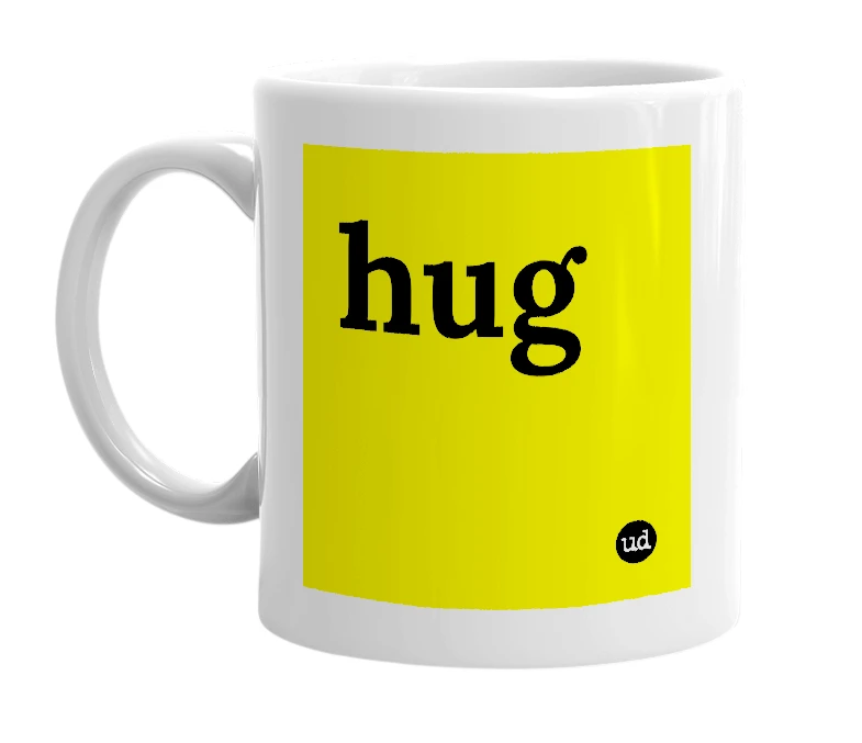 White mug with 'hug' in bold black letters