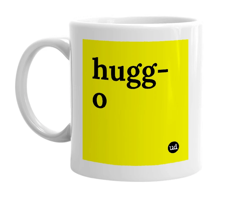 White mug with 'hugg-o' in bold black letters