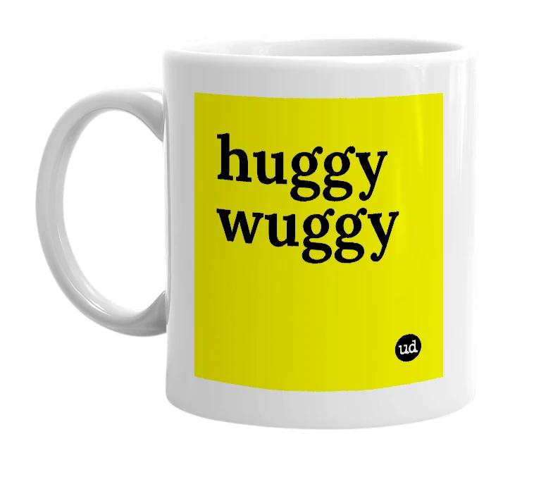 White mug with 'huggy wuggy' in bold black letters