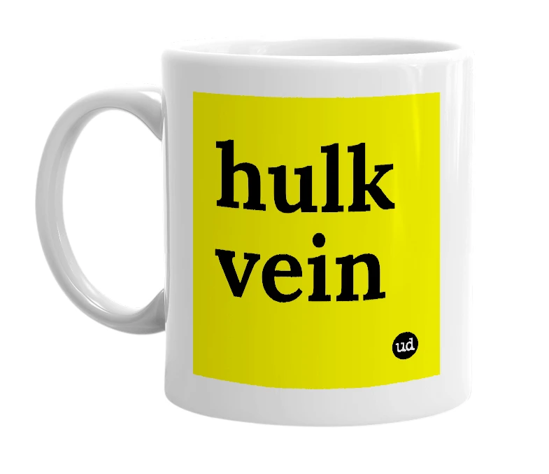 White mug with 'hulk vein' in bold black letters