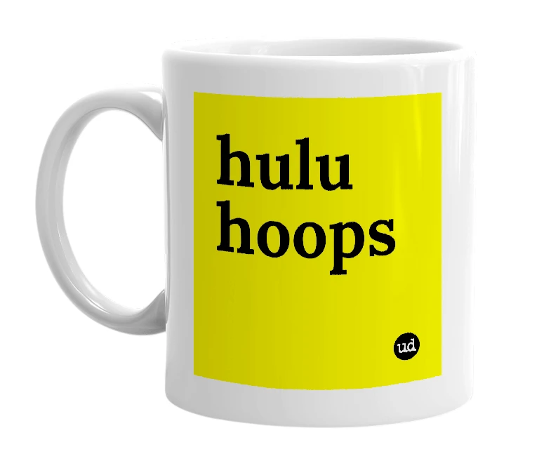 White mug with 'hulu hoops' in bold black letters