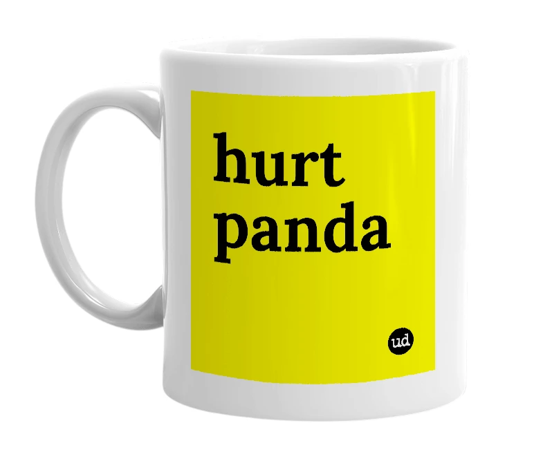 White mug with 'hurt panda' in bold black letters