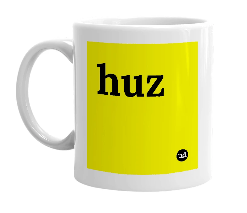 White mug with 'huz' in bold black letters