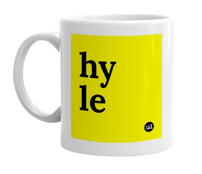 White mug with 'hy le' in bold black letters