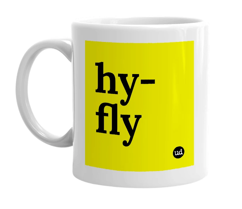 White mug with 'hy-fly' in bold black letters