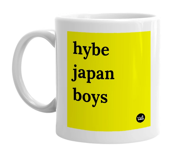 White mug with 'hybe japan boys' in bold black letters