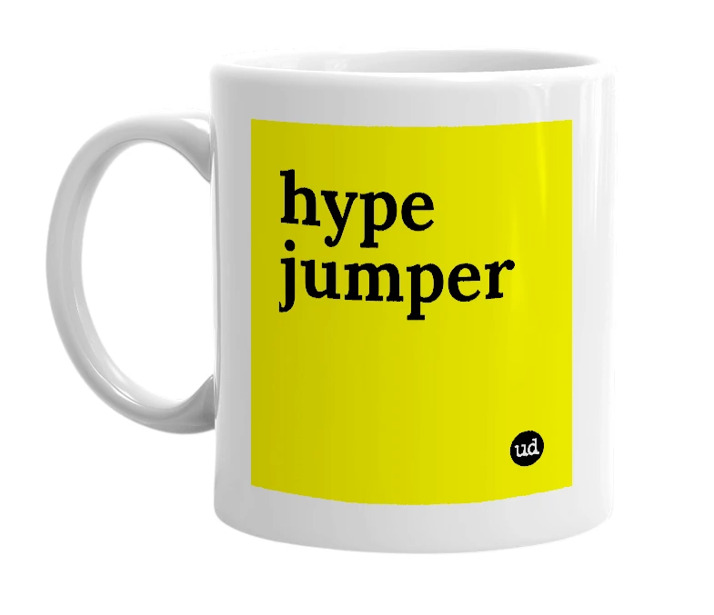 White mug with 'hype jumper' in bold black letters