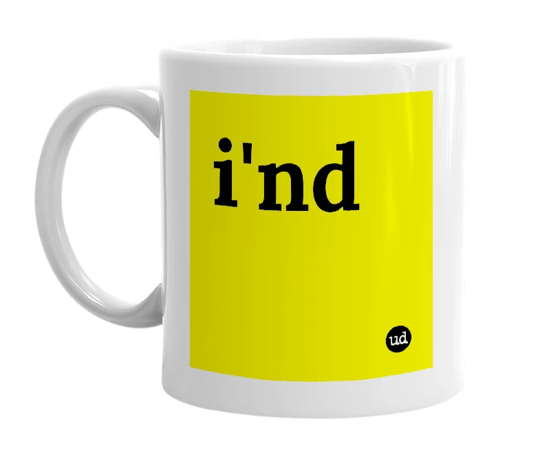 White mug with 'i'nd' in bold black letters