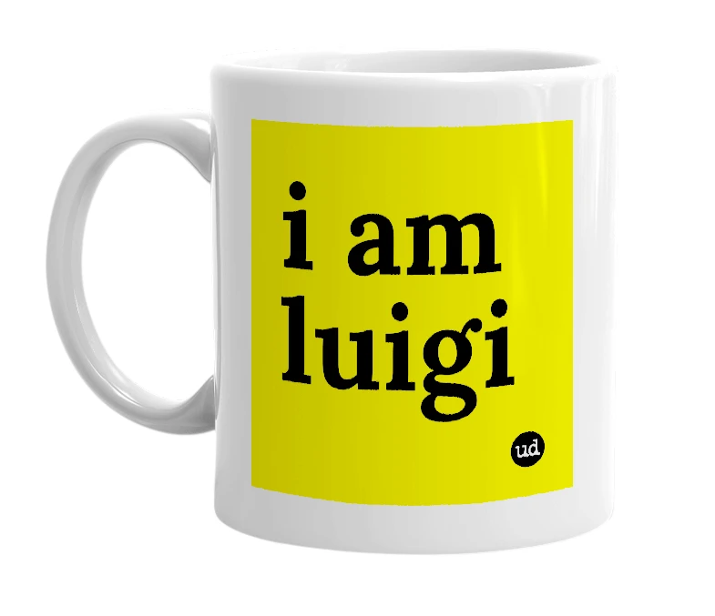 White mug with 'i am luigi' in bold black letters