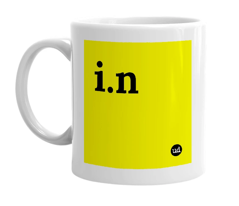 White mug with 'i.n' in bold black letters