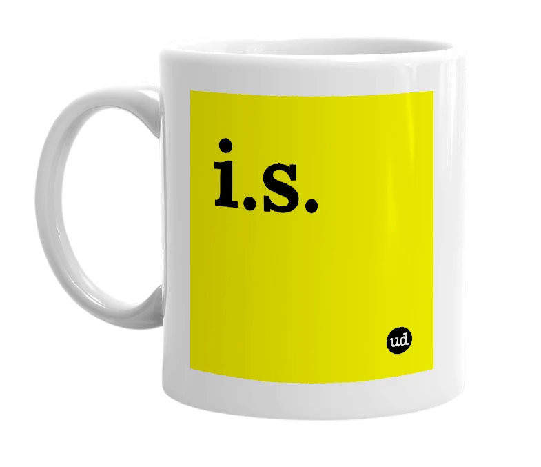White mug with 'i.s.' in bold black letters