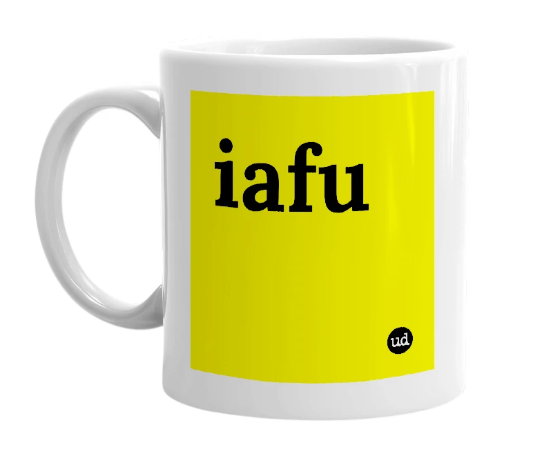 White mug with 'iafu' in bold black letters